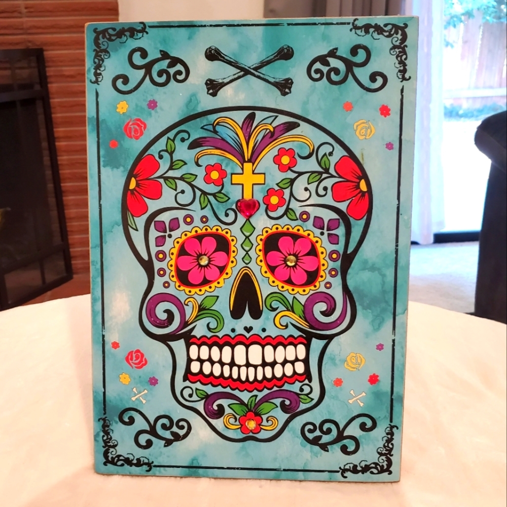 Sugar Skull Artwork w/Jewels Wooden Wall Art